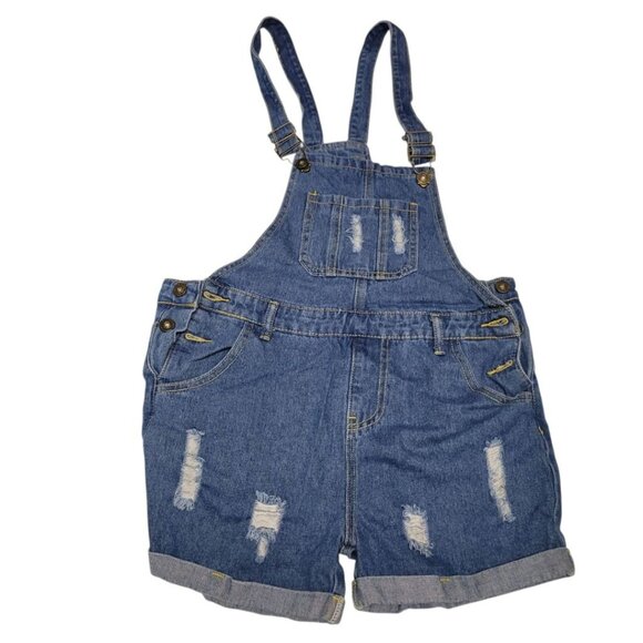 Overall Shorts Jean Denim Distressed Womens Small 4 6 Blue Button Sides Pockets - Picture 1 of 8